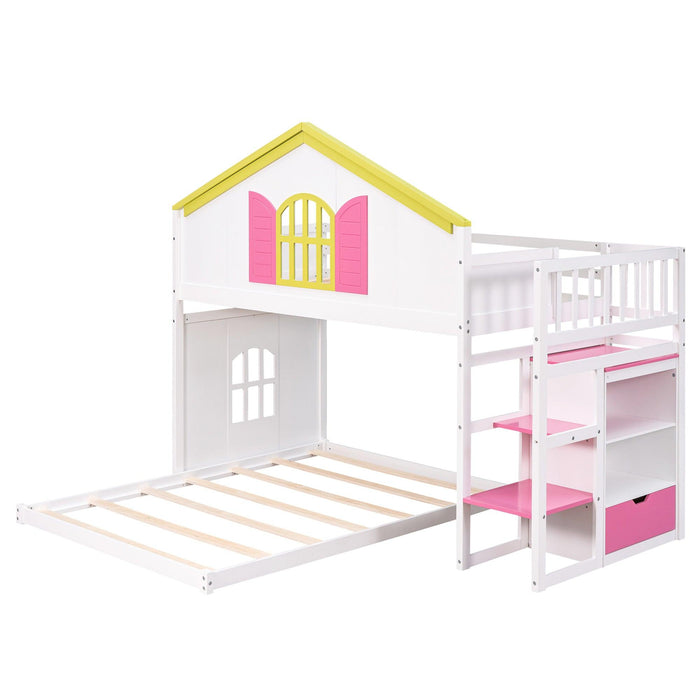 Twin over Full House Bunk Bed with Pink Staircase, Drawer and Shelves - White