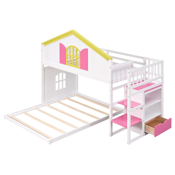 Twin over Full House Bunk Bed with Pink Staircase, Drawer and Shelves - White