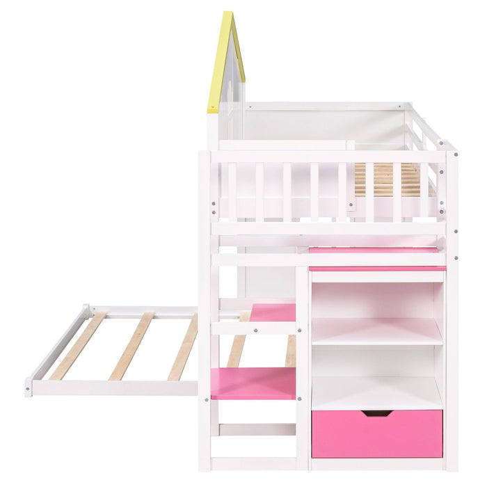 Twin over Full House Bunk Bed with Pink Staircase, Drawer and Shelves - White