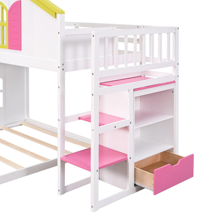 Twin over Full House Bunk Bed with Pink Staircase, Drawer and Shelves - White