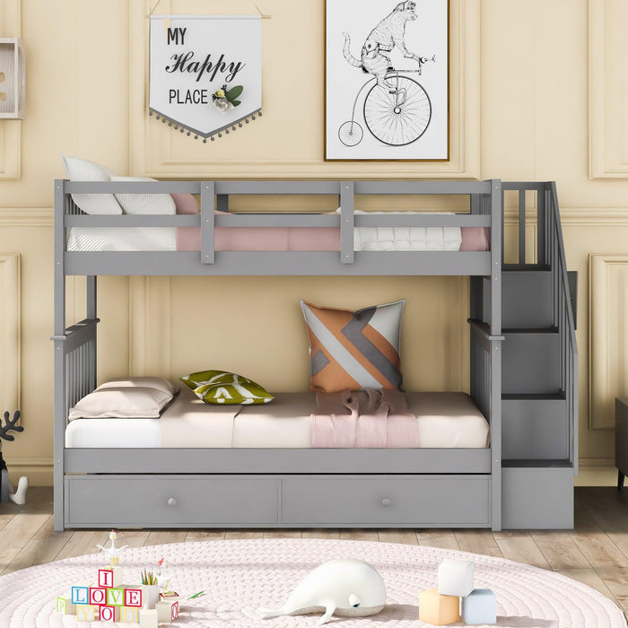 Twin Over Twin Bunk Bed with Twin Size Trundle andStorage Staircase - Gray