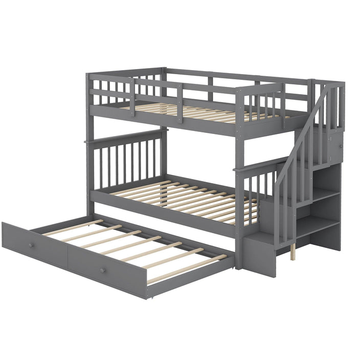 Twin Over Twin Bunk Bed with Twin Size Trundle andStorage Staircase - Gray