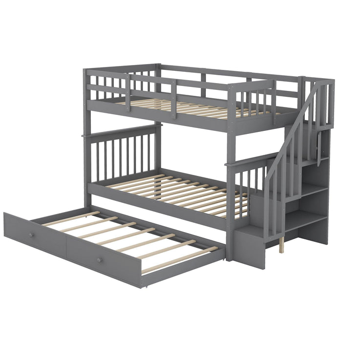 Twin Over Twin Bunk Bed with Twin Size Trundle andStorage Staircase - Gray