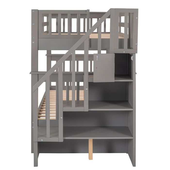 Twin Over Twin Bunk Bed with Twin Size Trundle andStorage Staircase - Gray