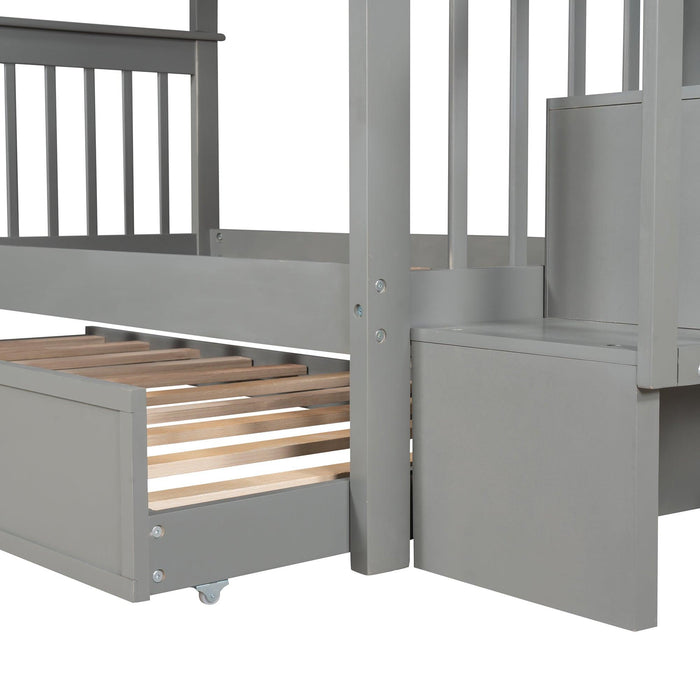 Twin Over Twin Bunk Bed with Twin Size Trundle andStorage Staircase - Gray