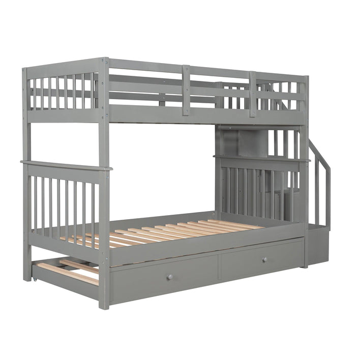 Twin Over Twin Bunk Bed with Twin Size Trundle andStorage Staircase - Gray