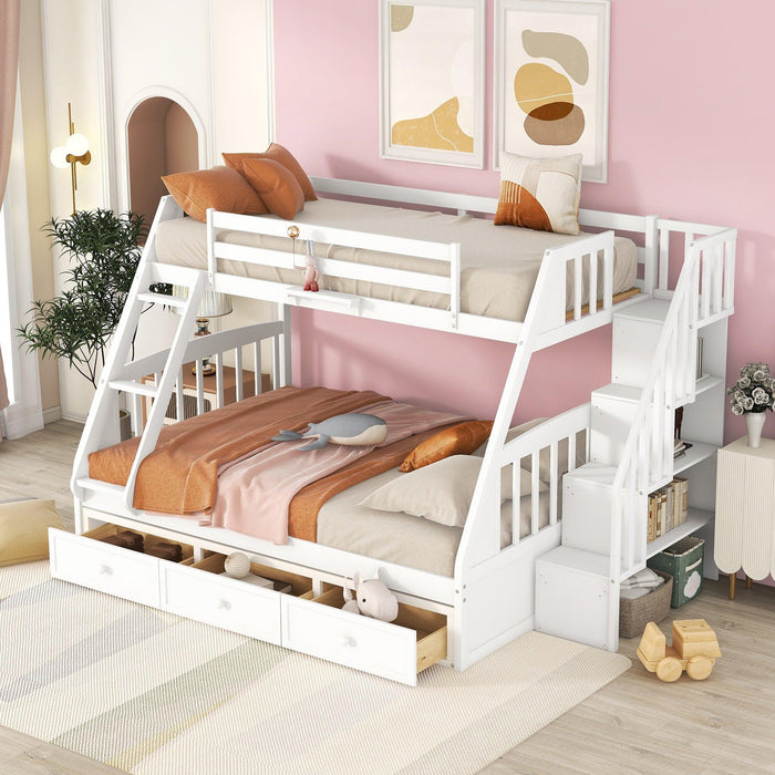 Twin Over Full Convertible Bunk Bed with Drawers, Ladders andStorage Staircase - White