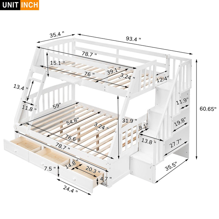 Twin Over Full Convertible Bunk Bed with Drawers, Ladders andStorage Staircase - White