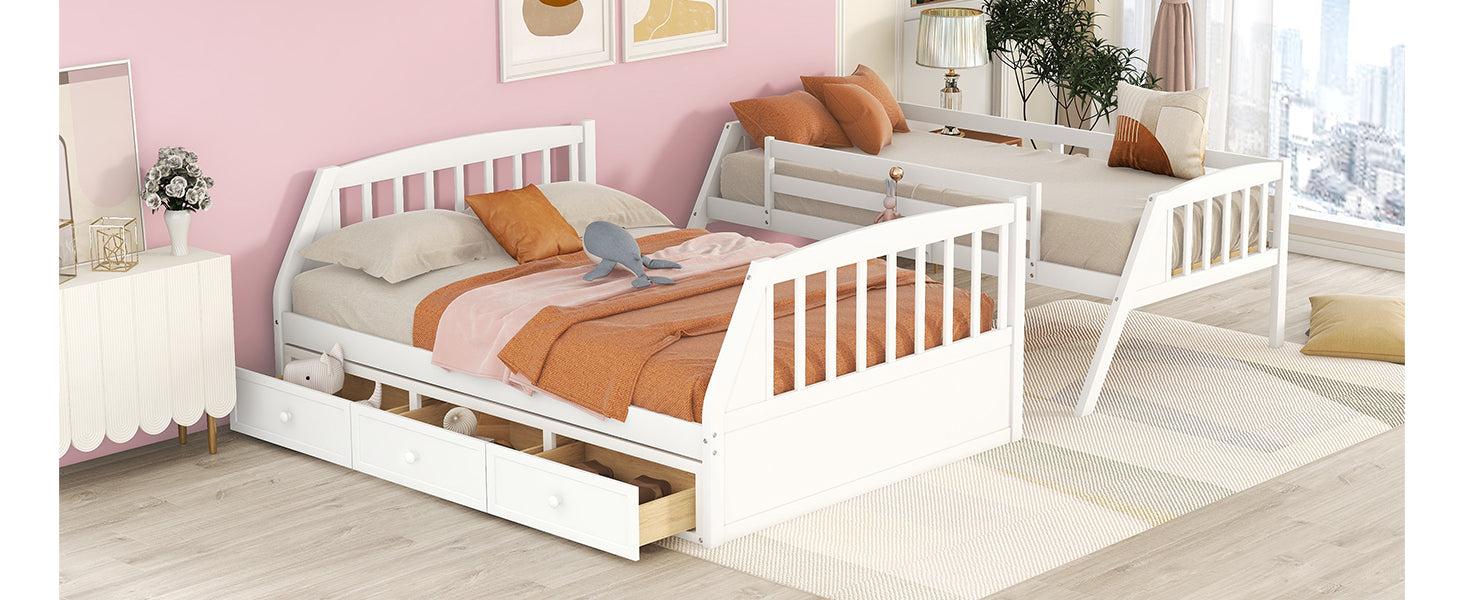 Twin Over Full Convertible Bunk Bed with Drawers, Ladders andStorage Staircase - White