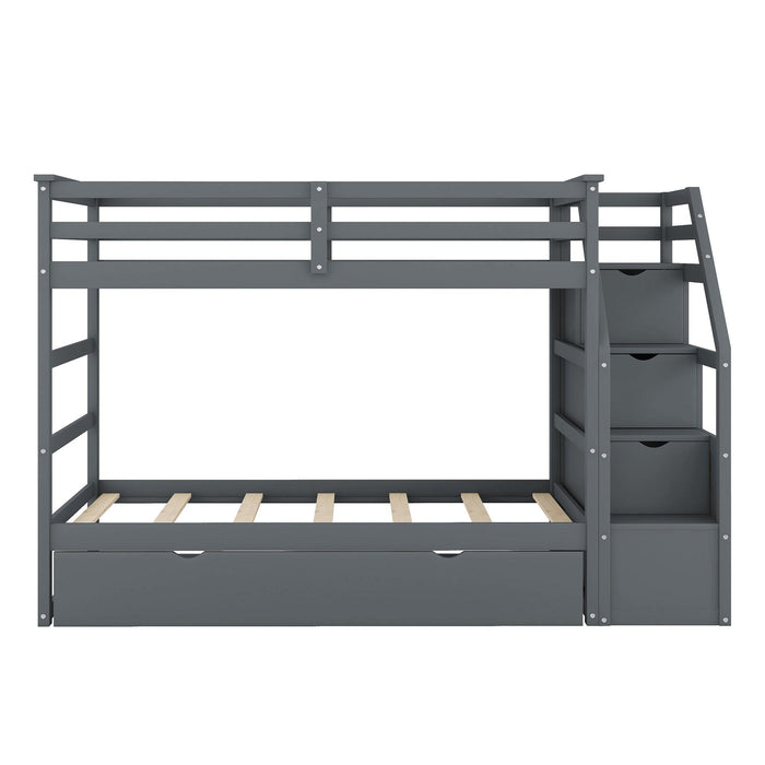 Twin over Twin Bunk Bed withStorage Staircase and Twin Size Trundle Bed - Gray