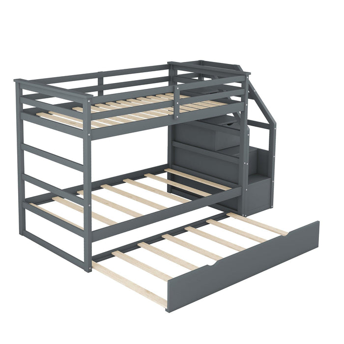 Twin over Twin Bunk Bed withStorage Staircase and Twin Size Trundle Bed - Gray