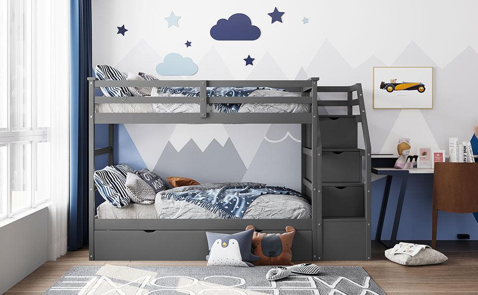 Twin over Twin Bunk Bed withStorage Staircase and Twin Size Trundle Bed - Gray