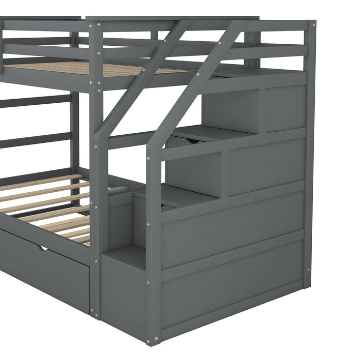 Twin over Twin Bunk Bed withStorage Staircase and Twin Size Trundle Bed - Gray