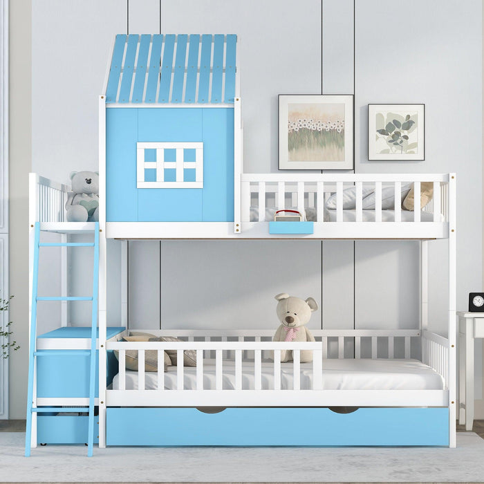 Full over Full Bunk Bed with Twin Size Trundle,Storage Box and Drawer - Blue