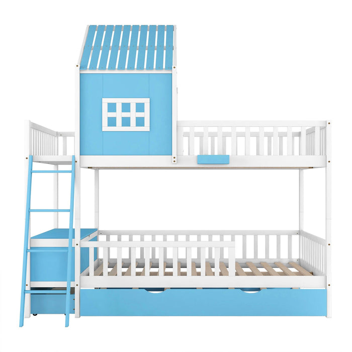 Full over Full Bunk Bed with Twin Size Trundle,Storage Box and Drawer - Blue