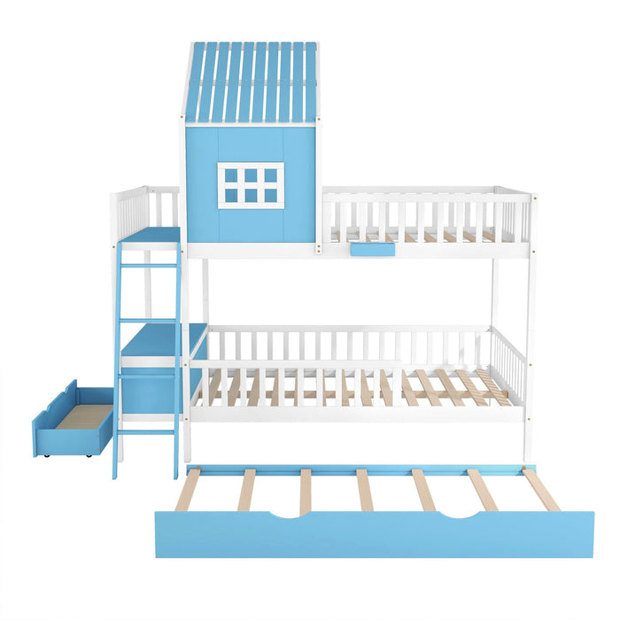 Full over Full Bunk Bed with Twin Size Trundle,Storage Box and Drawer - Blue