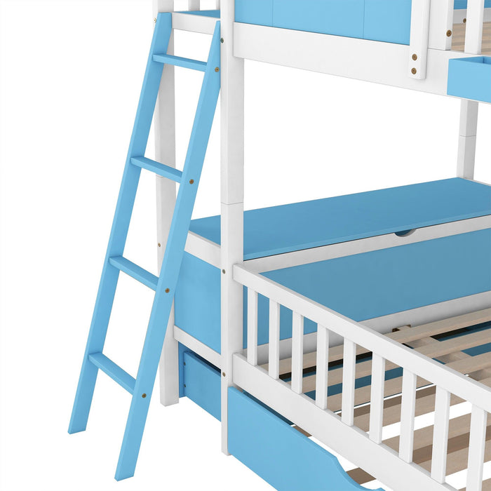 Full over Full Bunk Bed with Twin Size Trundle,Storage Box and Drawer - Blue