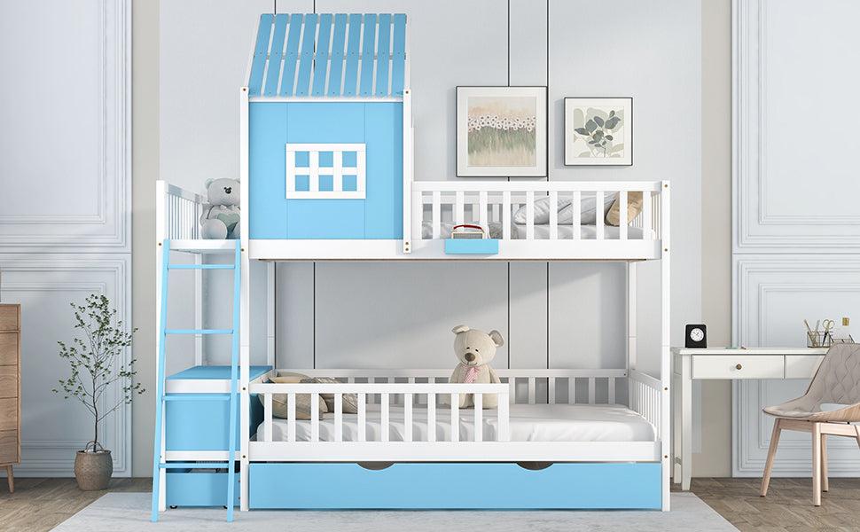 Full over Full Bunk Bed with Twin Size Trundle,Storage Box and Drawer - Blue