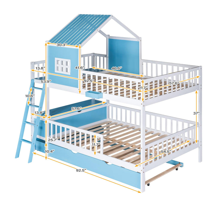 Full over Full Bunk Bed with Twin Size Trundle,Storage Box and Drawer - Blue