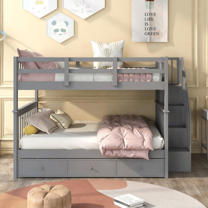 Full over Full Bunk Bed with Drawer,Storage Staircase and Guard Rail - Gray