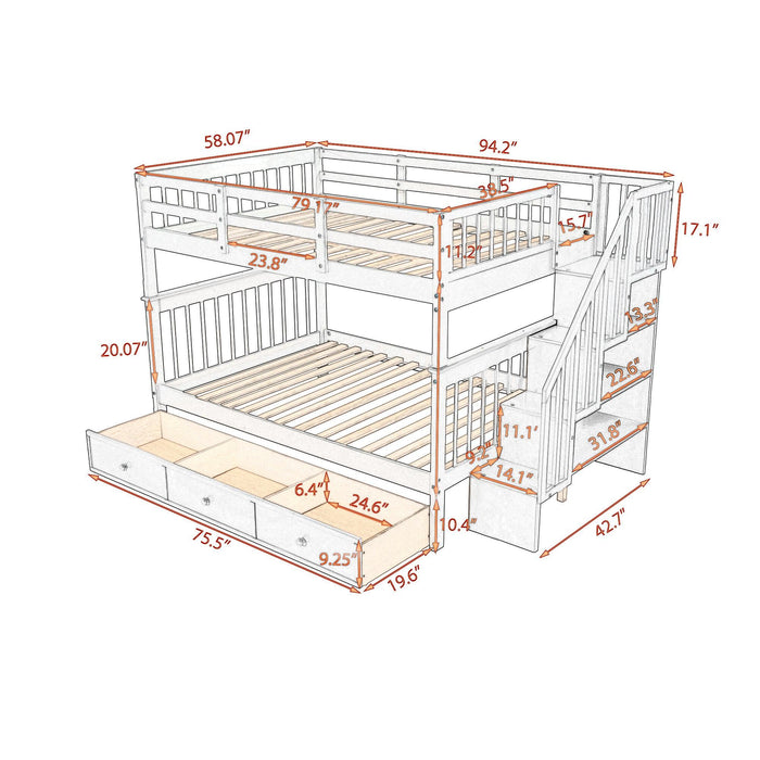 Full over Full Bunk Bed with Drawer,Storage Staircase and Guard Rail - Espresso