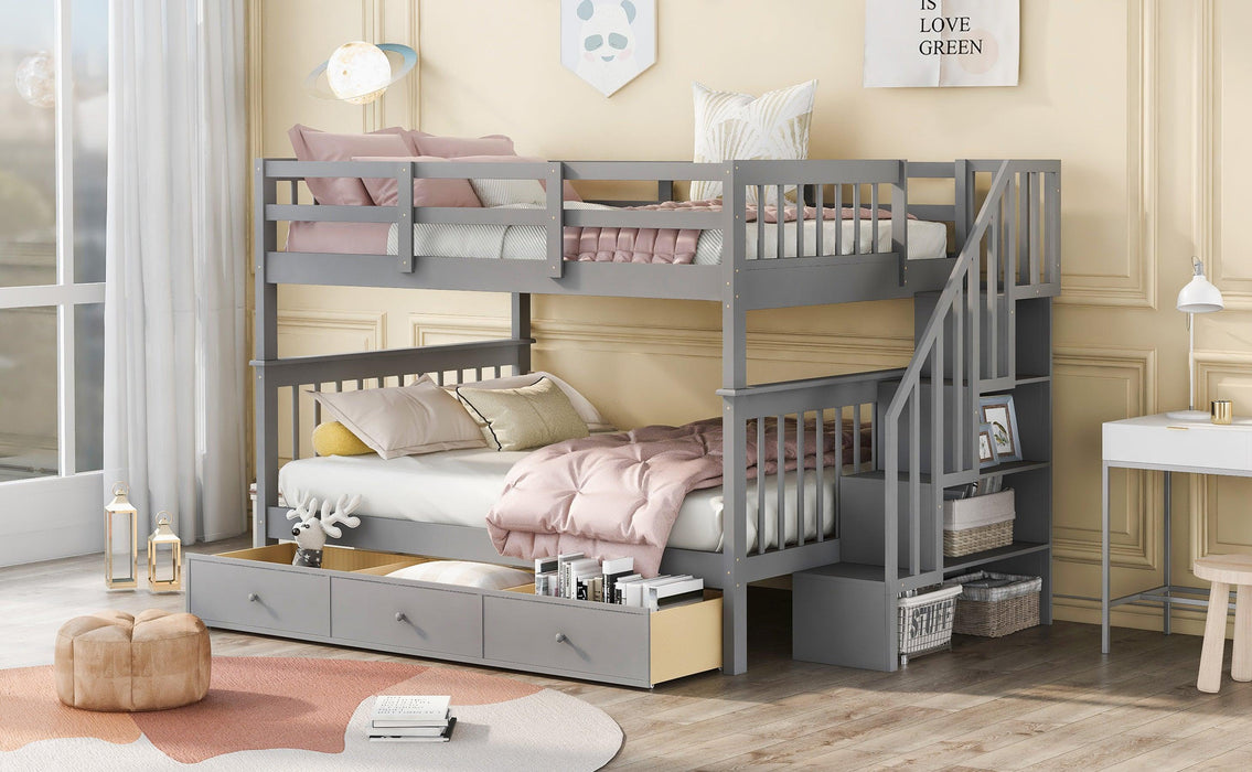 Full over Full Bunk Bed with Drawer,Storage Staircase and Guard Rail - Gray