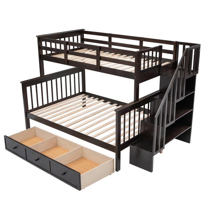 Twin Over Full Bunk Bed with Drawer andStorage Staircase - Espresso