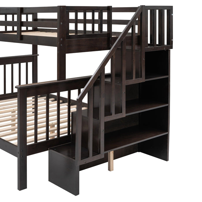 Twin Over Full Bunk Bed with Drawer andStorage Staircase - Espresso