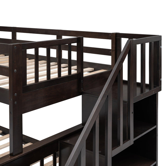 Twin Over Full Bunk Bed with Drawer andStorage Staircase - Espresso