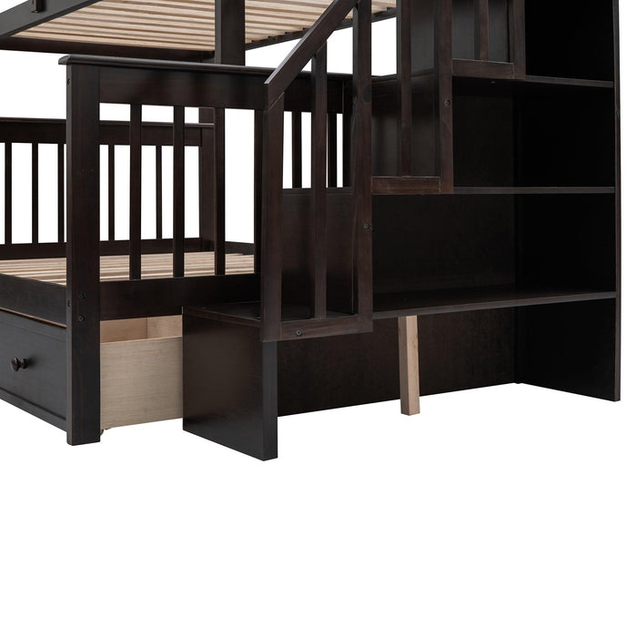 Twin Over Full Bunk Bed with Drawer andStorage Staircase - Espresso