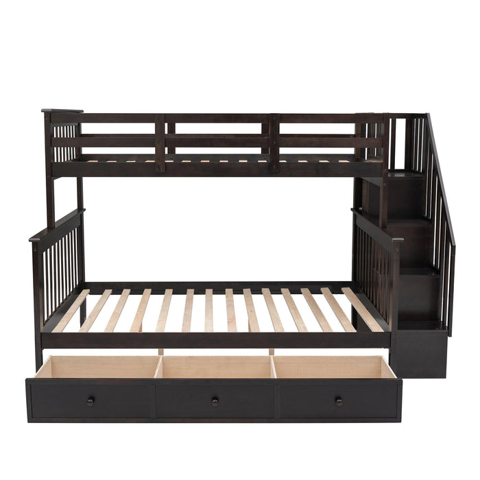 Twin Over Full Bunk Bed with Drawer andStorage Staircase - Espresso