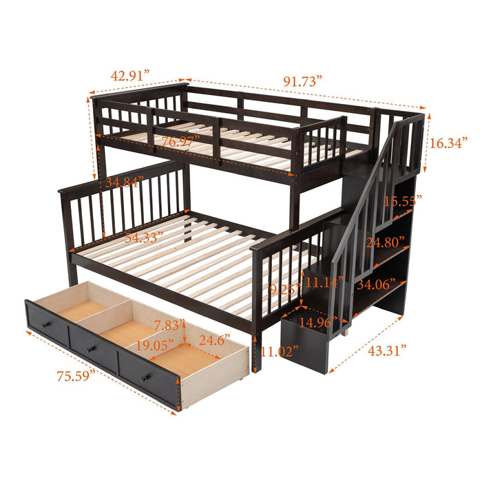 Twin Over Full Bunk Bed with Drawer andStorage Staircase - Espresso