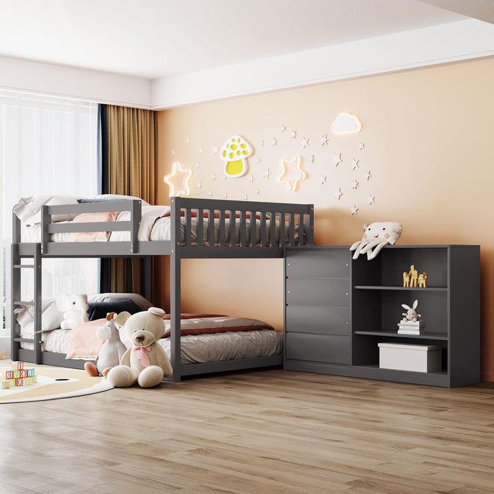 Full over Full Bunk Bed with 4 Drawers and 3 Shelves - Gray