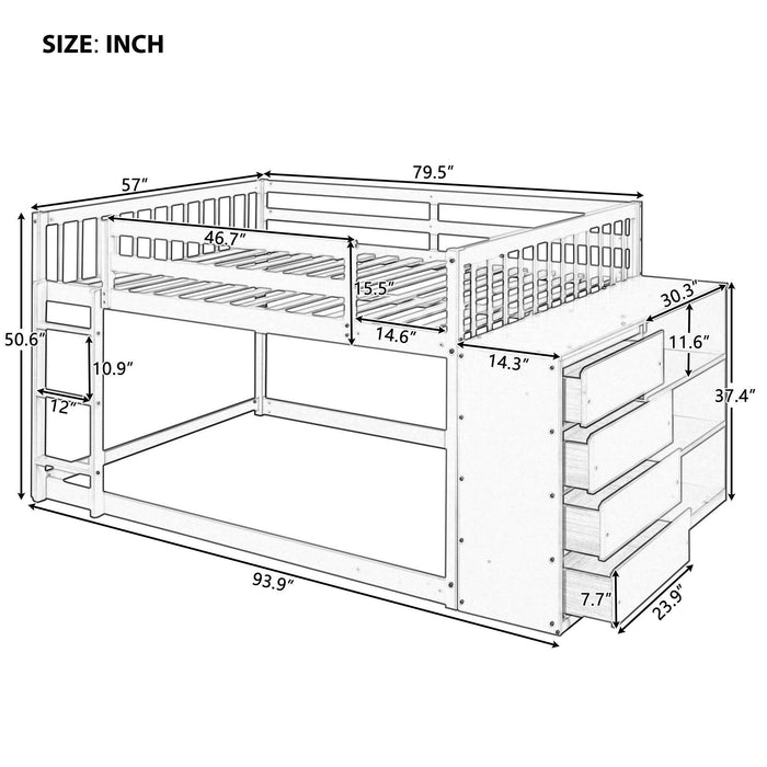 Full over Full Bunk Bed with 4 Drawers and 3 Shelves - Gray