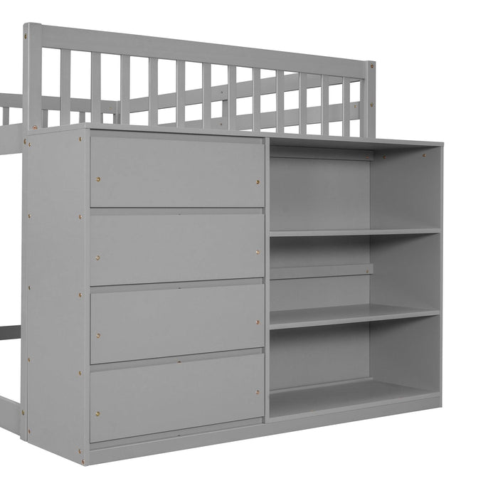 Full over Full Bunk Bed with 4 Drawers and 3 Shelves - Gray