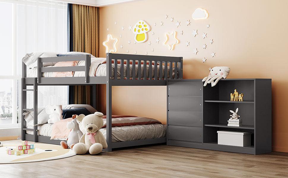 Full over Full Bunk Bed with 4 Drawers and 3 Shelves - Gray