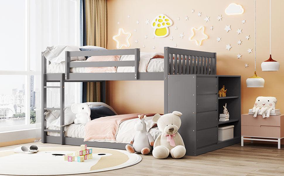 Full over Full Bunk Bed with 4 Drawers and 3 Shelves - Gray