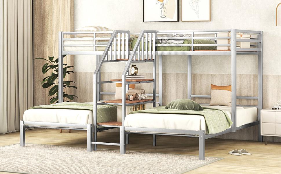 Twin over Twin and Twin Metal Bunk Bed withStorage Shelves Staircase - Silver