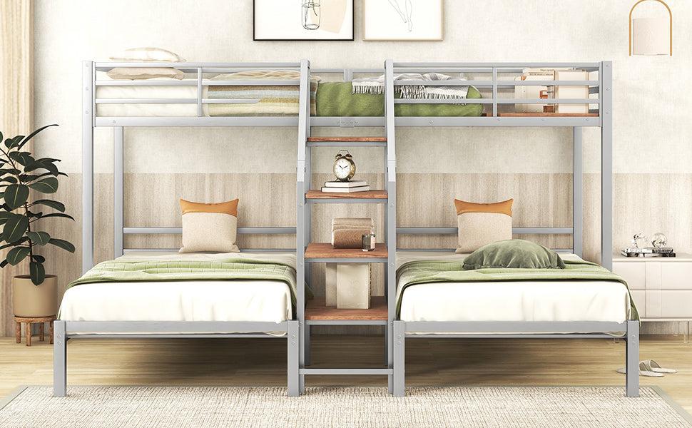 Twin over Twin and Twin Metal Bunk Bed withStorage Shelves Staircase - Silver