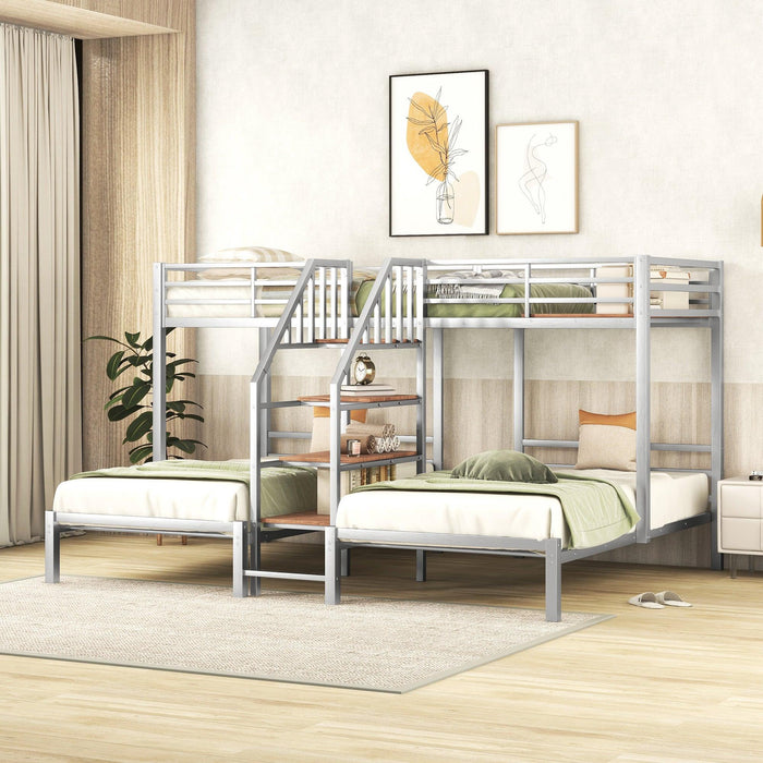 Twin over Twin and Twin Metal Bunk Bed withStorage Shelves Staircase - Silver