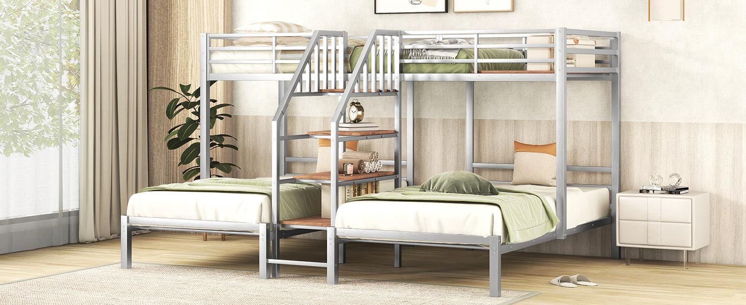 Twin over Twin and Twin Metal Bunk Bed withStorage Shelves Staircase - Silver