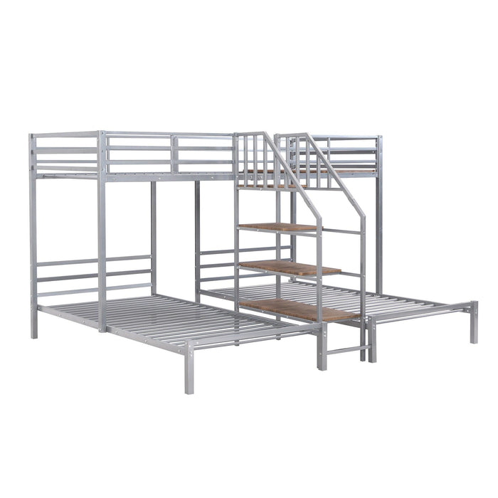 Twin over Twin and Twin Metal Bunk Bed withStorage Shelves Staircase - Silver