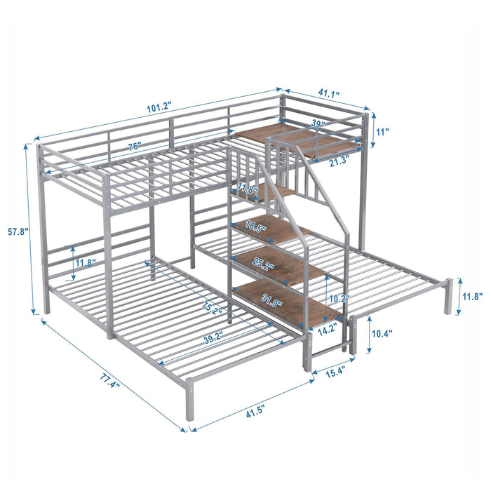 Twin over Twin and Twin Metal Bunk Bed withStorage Shelves Staircase - Silver