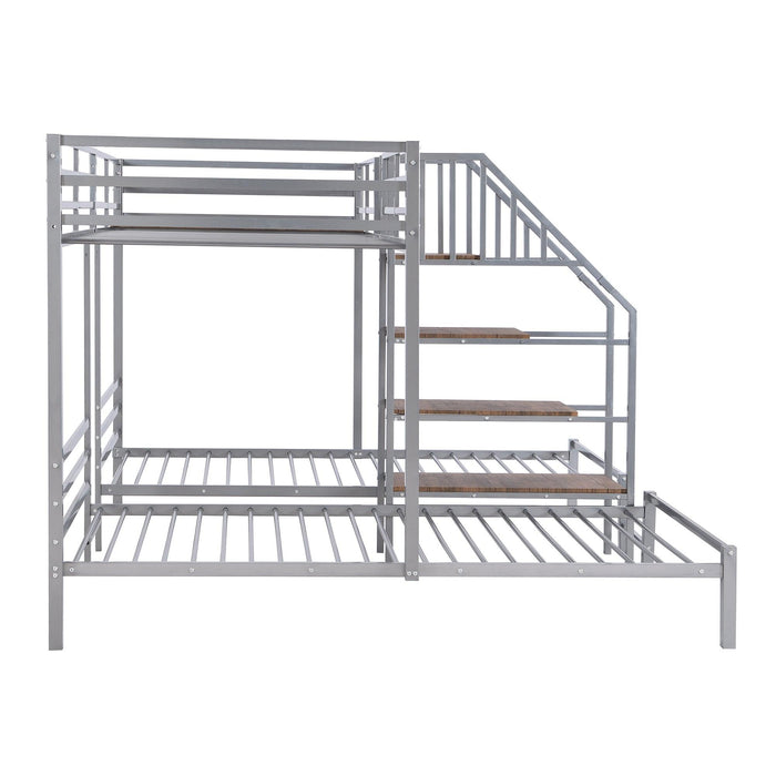 Twin over Twin and Twin Metal Bunk Bed withStorage Shelves Staircase - Silver