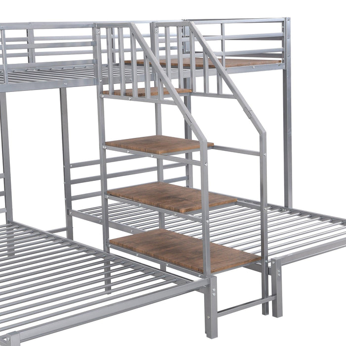 Twin over Twin and Twin Metal Bunk Bed withStorage Shelves Staircase - Silver