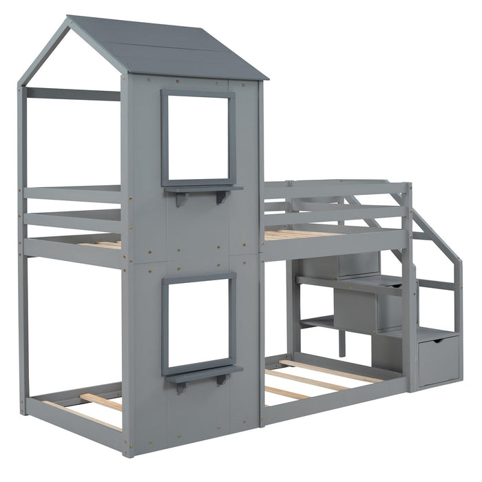 Twin over Twin House Shaped Bunk Bed withStorage Stairs, Guardrail and Ladder - Gray