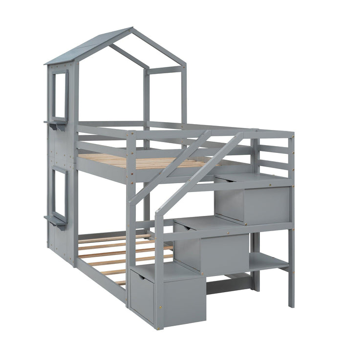 Twin over Twin House Shaped Bunk Bed withStorage Stairs, Guardrail and Ladder - Gray