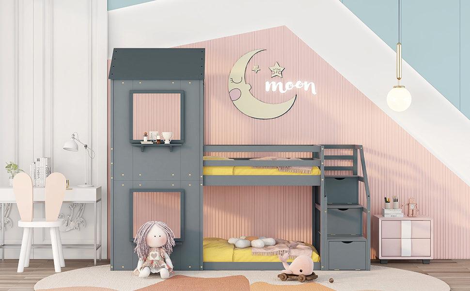 Twin over Twin House Shaped Bunk Bed withStorage Stairs, Guardrail and Ladder - Gray