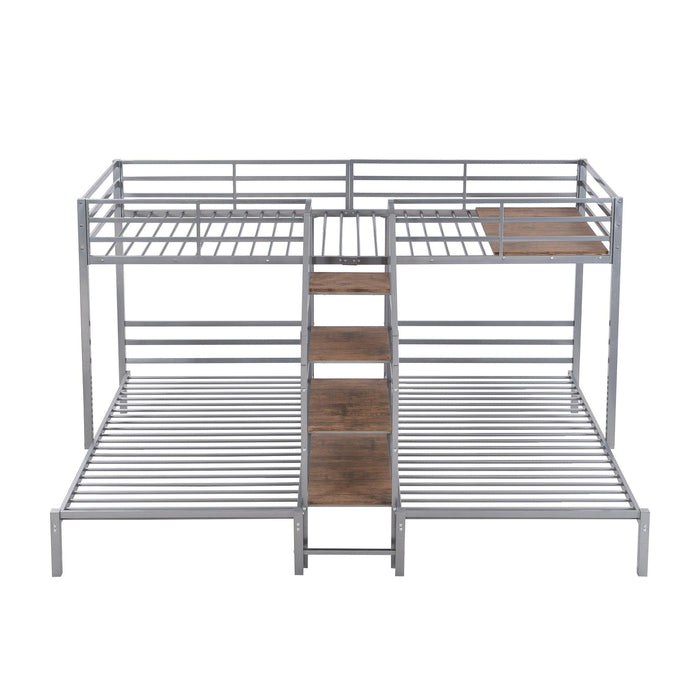 Twin over Twin and Twin Metal Bunk Bed withStorage Shelves Staircase - Silver