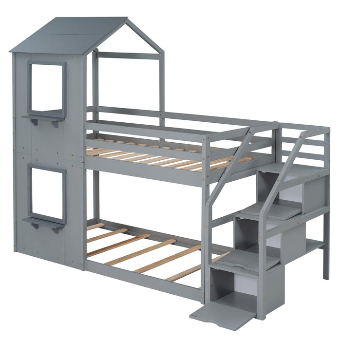 Twin over Twin House Shaped Bunk Bed withStorage Stairs, Guardrail and Ladder - Gray